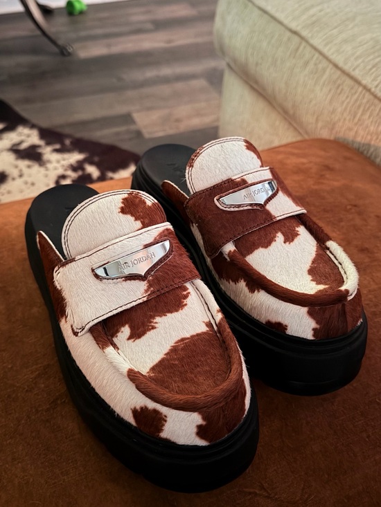Jordan Shoes - Jordan Women's Cowhide Print Platform Mules in Brown and White